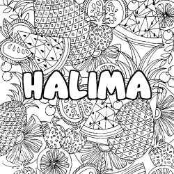 Coloring page first name HALIMA - Fruits mandala background