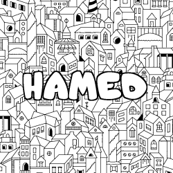 Coloring page first name HAMED - City background
