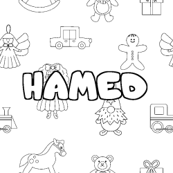Coloring page first name HAMED - Toys background