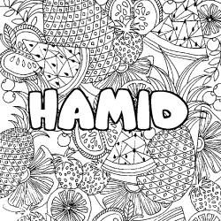 Coloring page first name HAMID - Fruits mandala background