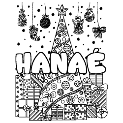 Coloring page first name HANAÉ - Christmas tree and presents background