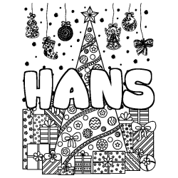 Coloring page first name HANS - Christmas tree and presents background
