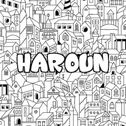 Coloring page first name HAROUN - City background