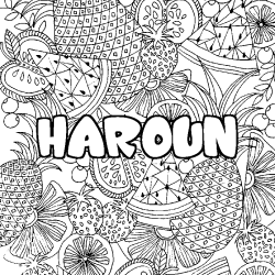 Coloring page first name HAROUN - Fruits mandala background
