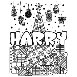 Coloring page first name HARRY - Christmas tree and presents background