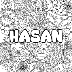 Coloring page first name HASAN - Fruits mandala background