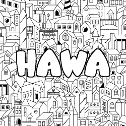 Coloring page first name HAWA - City background