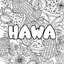 Coloring page first name HAWA - Fruits mandala background