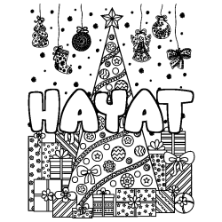 Coloring page first name HAYAT - Christmas tree and presents background