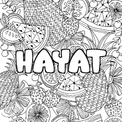 Coloring page first name HAYAT - Fruits mandala background