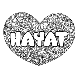 Coloring page first name HAYAT - Heart mandala background