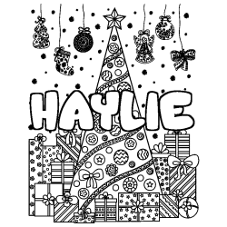 Coloring page first name HAYLIE - Christmas tree and presents background