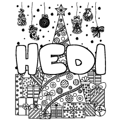 Coloring page first name HEDI - Christmas tree and presents background