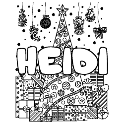 Coloring page first name HEIDI - Christmas tree and presents background