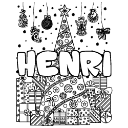 Coloring page first name HENRI - Christmas tree and presents background