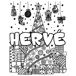 Coloring page first name HERVÉ - Christmas tree and presents background