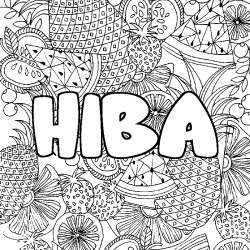 Coloring page first name HIBA - Fruits mandala background