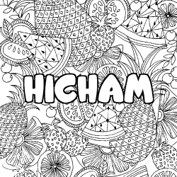 Coloring page first name HICHAM - Fruits mandala background