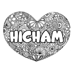Coloring page first name HICHAM - Heart mandala background