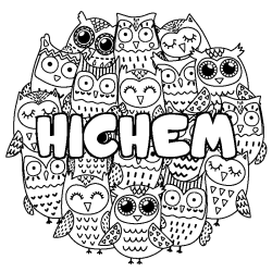 Coloring page first name HICHEM - Owls background