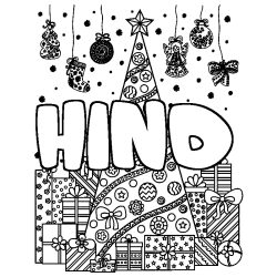 Coloring page first name HIND - Christmas tree and presents background