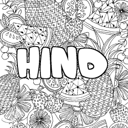 Coloring page first name HIND - Fruits mandala background