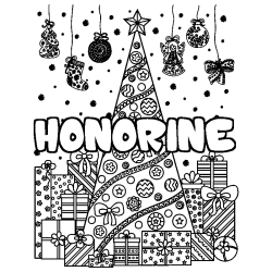 Coloring page first name HONORINE - Christmas tree and presents background