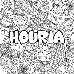 Coloring page first name HOURIA - Fruits mandala background