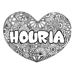 Coloring page first name HOURIA - Heart mandala background