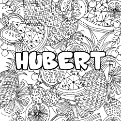 Coloring page first name HUBERT - Fruits mandala background