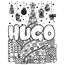 Coloring page first name HUGO - Christmas tree and presents background