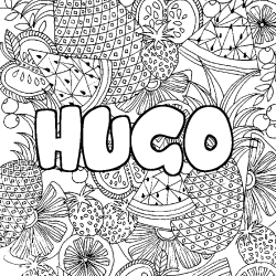 Coloring page first name HUGO - Fruits mandala background