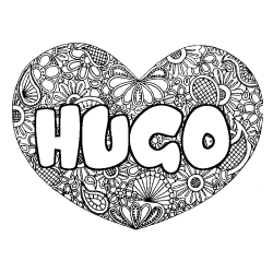 Coloring page first name HUGO - Heart mandala background