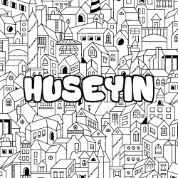 Coloring page first name HUSEYIN - City background