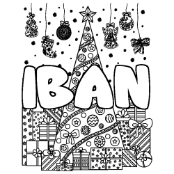 Coloring page first name IBAN - Christmas tree and presents background