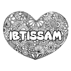 Coloring page first name IBTISSAM - Heart mandala background