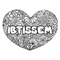 Coloring page first name IBTISSEM - Heart mandala background