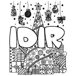 Coloring page first name IDIR - Christmas tree and presents background