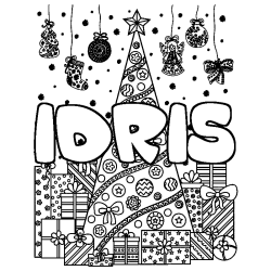 Coloring page first name IDRIS - Christmas tree and presents background