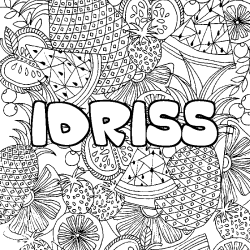 Coloring page first name IDRISS - Fruits mandala background