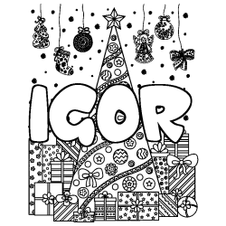Coloring page first name IGOR - Christmas tree and presents background