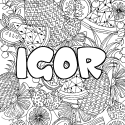 Coloring page first name IGOR - Fruits mandala background