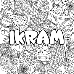 Coloring page first name IKRAM - Fruits mandala background