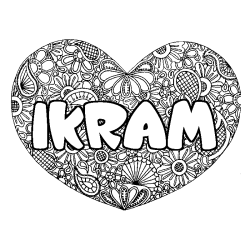 Coloring page first name IKRAM - Heart mandala background