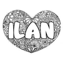 Coloring page first name ILAN - Heart mandala background