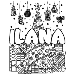 Coloring page first name ILANA - Christmas tree and presents background