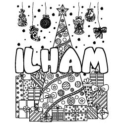 Coloring page first name ILHAM - Christmas tree and presents background