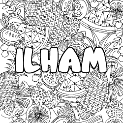 Coloring page first name ILHAM - Fruits mandala background