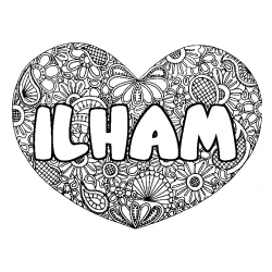 Coloring page first name ILHAM - Heart mandala background