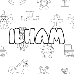 Coloring page first name ILHAM - Toys background